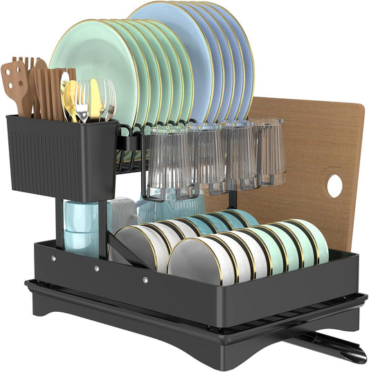 Extendable Dish Racks 16.3"-21.6" L x 16.7" W,Stainless Steel Dish Drying Rack for Kitchien Counter, Anti-Rust Dish Strainer with Cutlery Holder