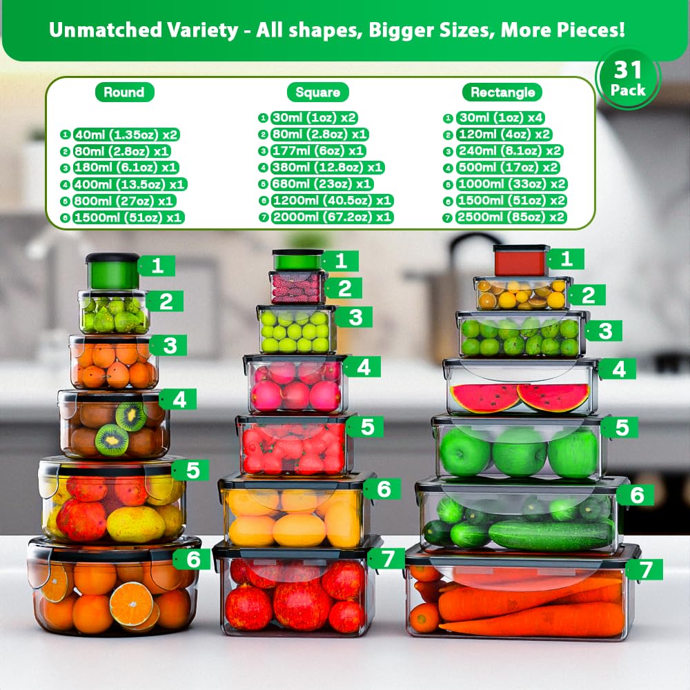 62 Pcs Large Food Storage Containers with Lids Airtight,Total 656OZ(31 Containers &31 Lids)