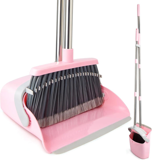 Broom and Dustpan Combo Set, Long Handle and Standing Dust Pan with Comb Teeth, Efficient Floor Cleaning for Kitchen, Outdoor, Dorm, Apartment, Office Lobby (Pink Gray)