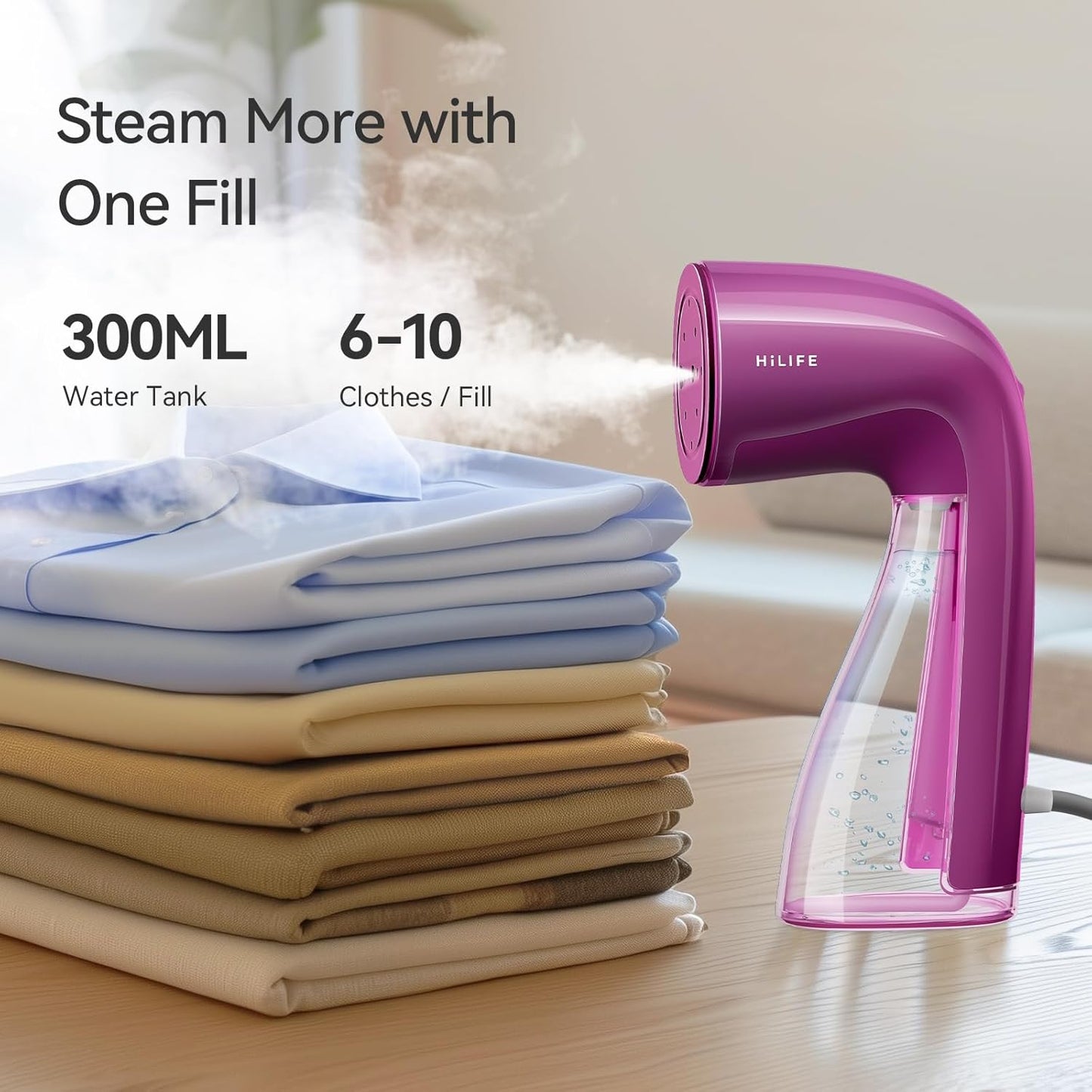 HiLIFE Steamer for Clothes, 1100W Clothes Steamer, Fast Wrinkle Removal with Large 300ml Tank, Ideal for All Fabrics, Easy to Use, Compact and Portable Travel Garment Steamer