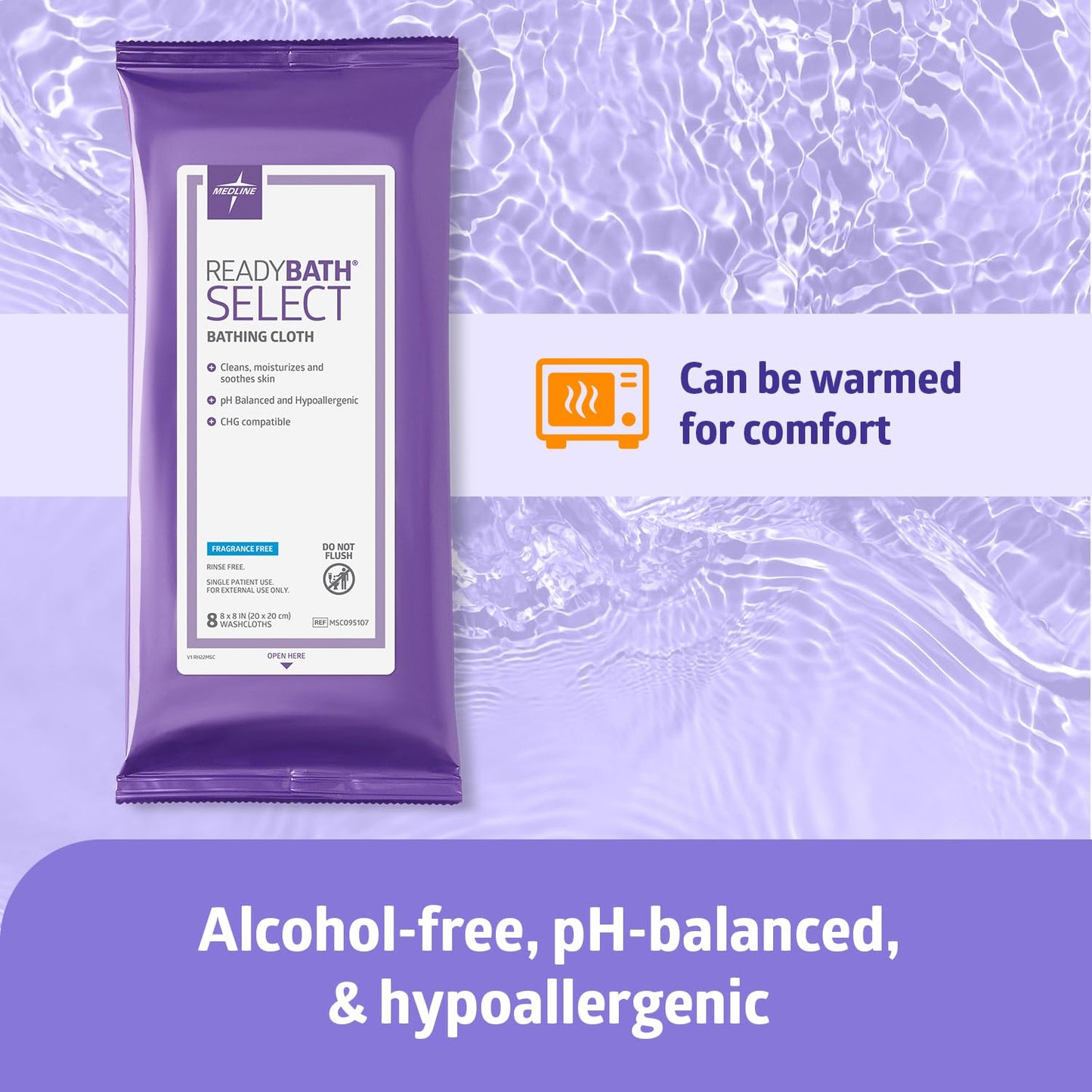 Medline Readybath Body Wipes, Shower and Bath for Adults, No Rinse Disposable Washcloths, Extra Thick, Hypoallergenic, Alcohol-Free, Aloe-Infused, Unscented, 240 Count (30 Packs), 8x8 Inch