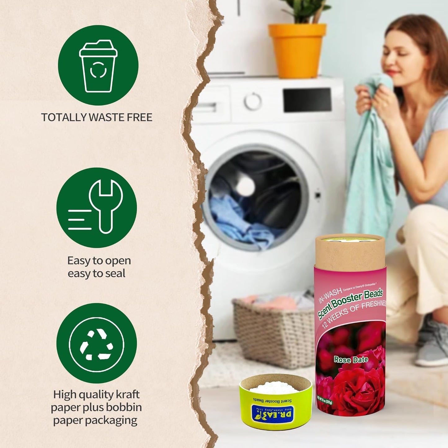 DR.EASY Laundry Scent Boosters 312g,Rose Date Scent Boosters for Washer，Bulk Laundry Booster Beads and fabric scent booster，Fresh Scented Clothes fo 12 Weeks