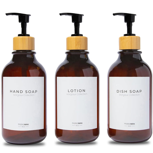 MaisoNovo Refillable Shampoo and Conditioner Bottles | 16.9 fl oz Set of 3 Amber Plastic Bottles Black Bamboo Pumps