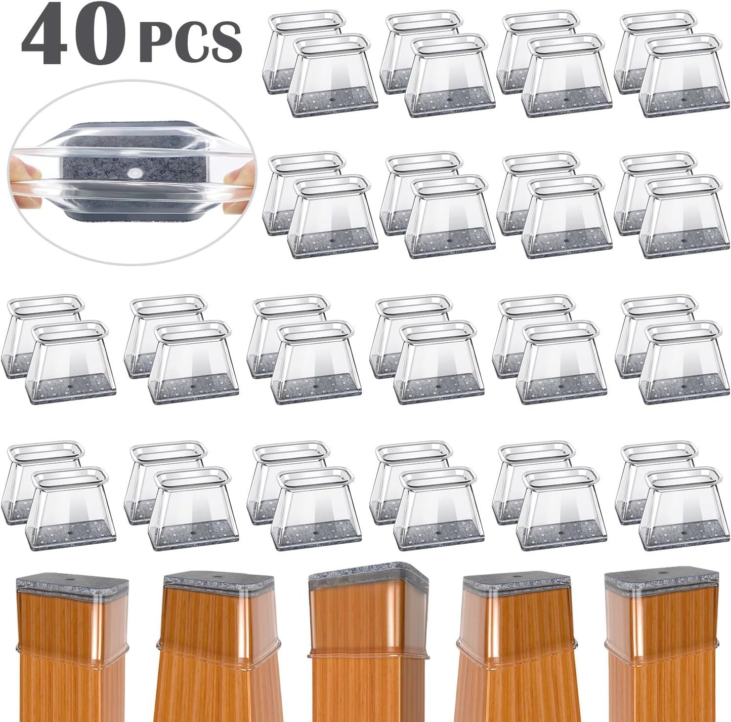 BUMACO Chair Leg Floor Protectors Rectangle Chair Leg Protectors for Hardwood Floors Silicone Pads Covers to Protect Floors(Clear-40 Pcs, Rectangle XL Fit (Perimeter: 6"~8")