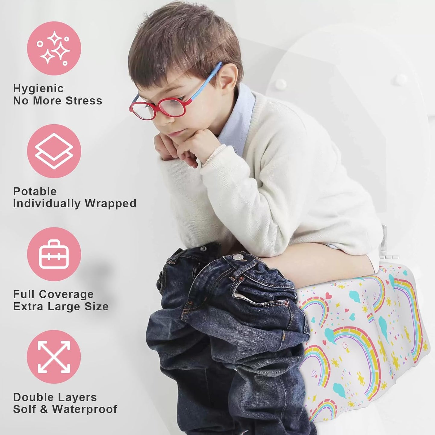 50 PCS Disposable Toilet Seat Covers, Extra Large Portable Potty Seat Covers for Toilet, Bathroom, Toddler & Kid Potty Training Seat Cover, Travel Essentials for Airplane, Trip-Rainbow
