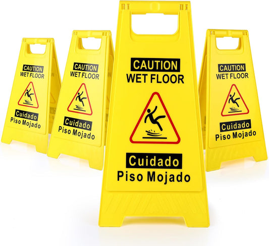 4-Pack Caution Wet Floor Sign,17.5" Height,Bright Yellow Double-Sided Folding A-Shaped Frame