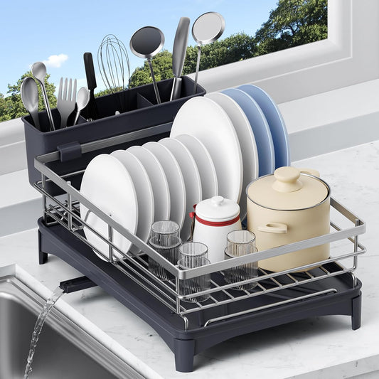 Dish Drying Rack,Rustproof Stainless Steel Dish Rack for Kitchen Counter,Dish Drainer with Cutlery Holder and Removable Drainboard,16.5" D x 11.8" W x 6.29" H