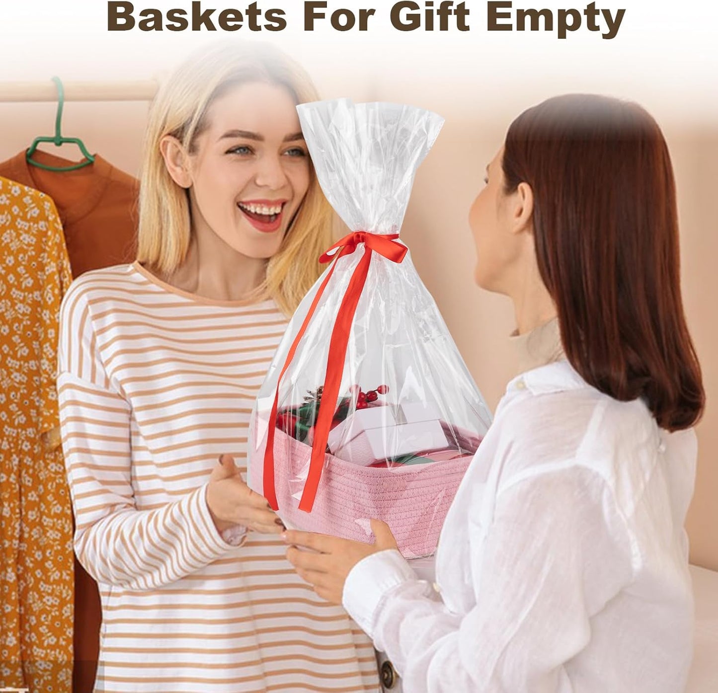 3 Pack Small Storage Baskets for Organizing, Cute Woven Decorative Gift Baskets for Shelves, Mini Closet Organizer Bins with Handles, 11.81''Lx7.87''Wx4.72''H-Pink