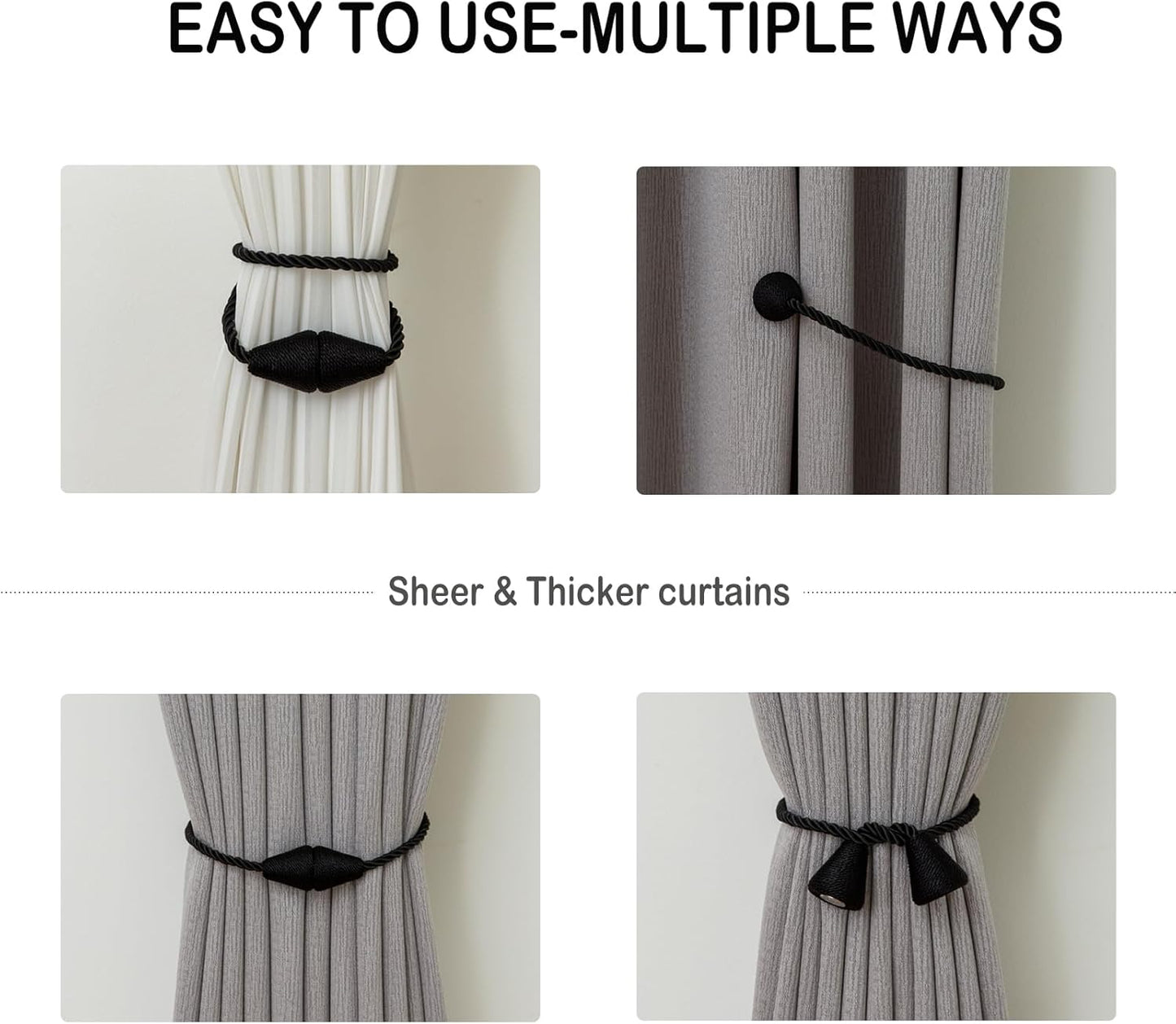 Magnetic Curtain Tiebacks 2 Pack Outdoor Rope Curtain Tie Backs Decorative Window Treatment Holdbacks for Home Decorative Curtain, Black