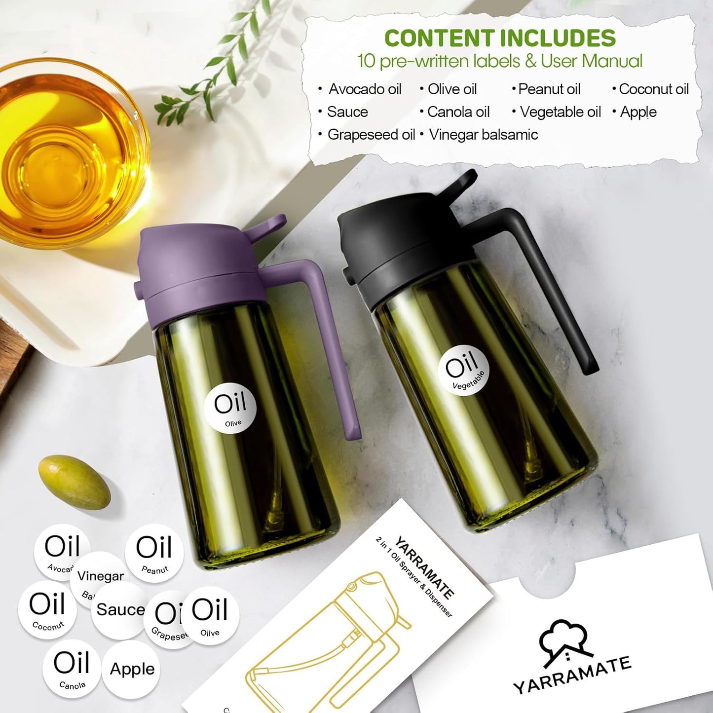 YARRAMATE 2Pcs 16oz/470ml Dark Green Oil Sprayer for Cooking with Stickers, Food-grade Premium 2 in 1 Olive Oil Dispenser Bottle for Kitchen Gadgets, Air Fryer, Salad, Frying, BBQ (Black&Purple)