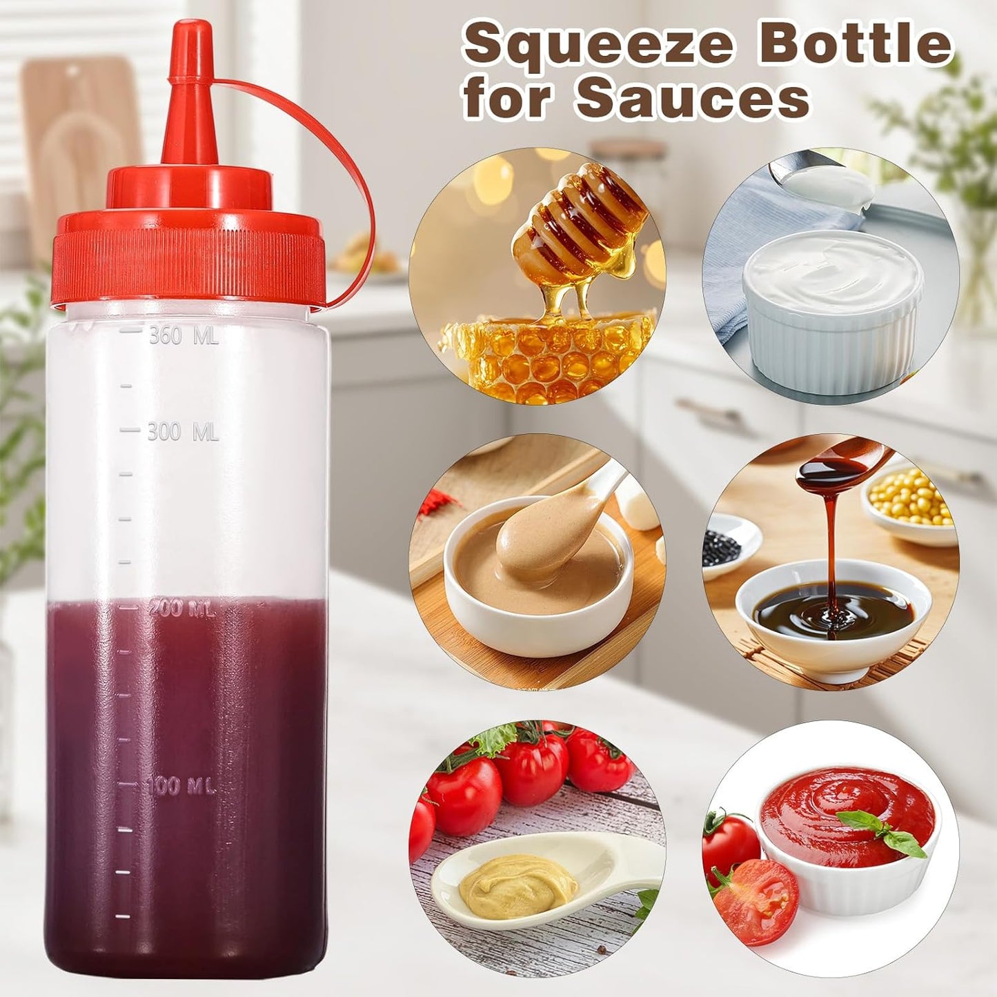 Condiment Squeeze Bottles Ketchup Dispenser, 6 Pack 12oz Squeeze Bottles for Liquids, Plastic Sauce Bottle with Cap Lid, Squirt Bottles for Sauces Liquids BBQ Dressing Pancake Art