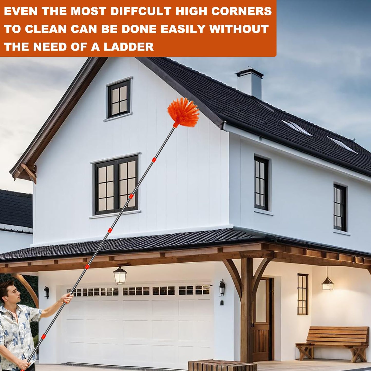 20 Feet High Reach Duster Kit with 2-14 ft Extension Pole, Cobweb & Corner Brush Cleaning Duster