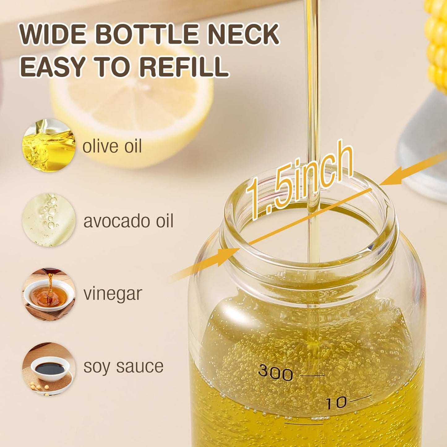 Vucchini Large Olive Oil Dispenser Bottle Kitchen Cooking Oil Dispenser Auto Flip Soy Sauce Container -Stainless Steel Leakproof Vinegar Glass Cruet (10 oz and 17 oz Set)