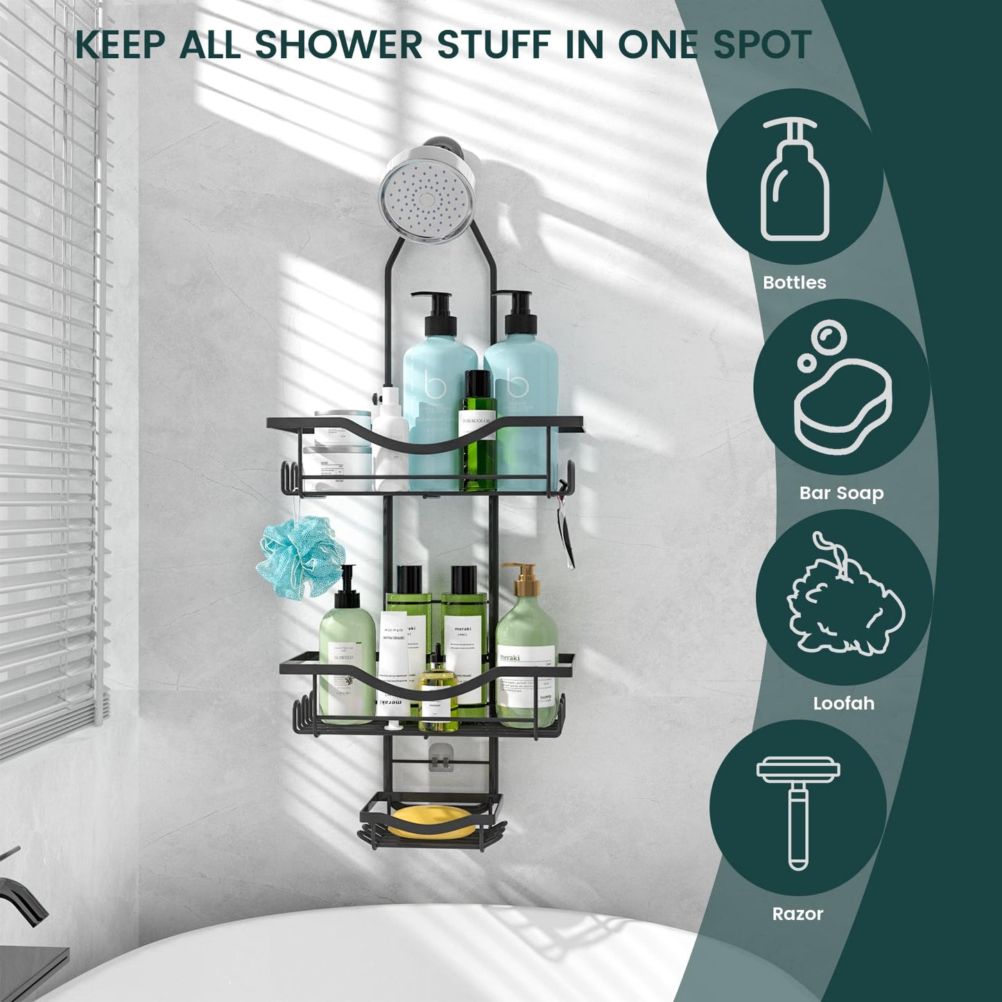 REINHARDT Adjustable Shower Caddy Hanging Rustproof Shower Organizer, Black