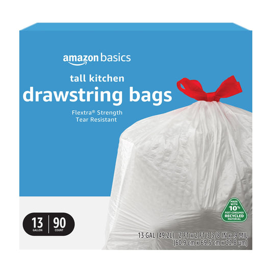 Amazon Basics 13 Gallon Tall Kitchen Drawstring Trash Bags, Flextra Strength, Tear Resistant, 10%