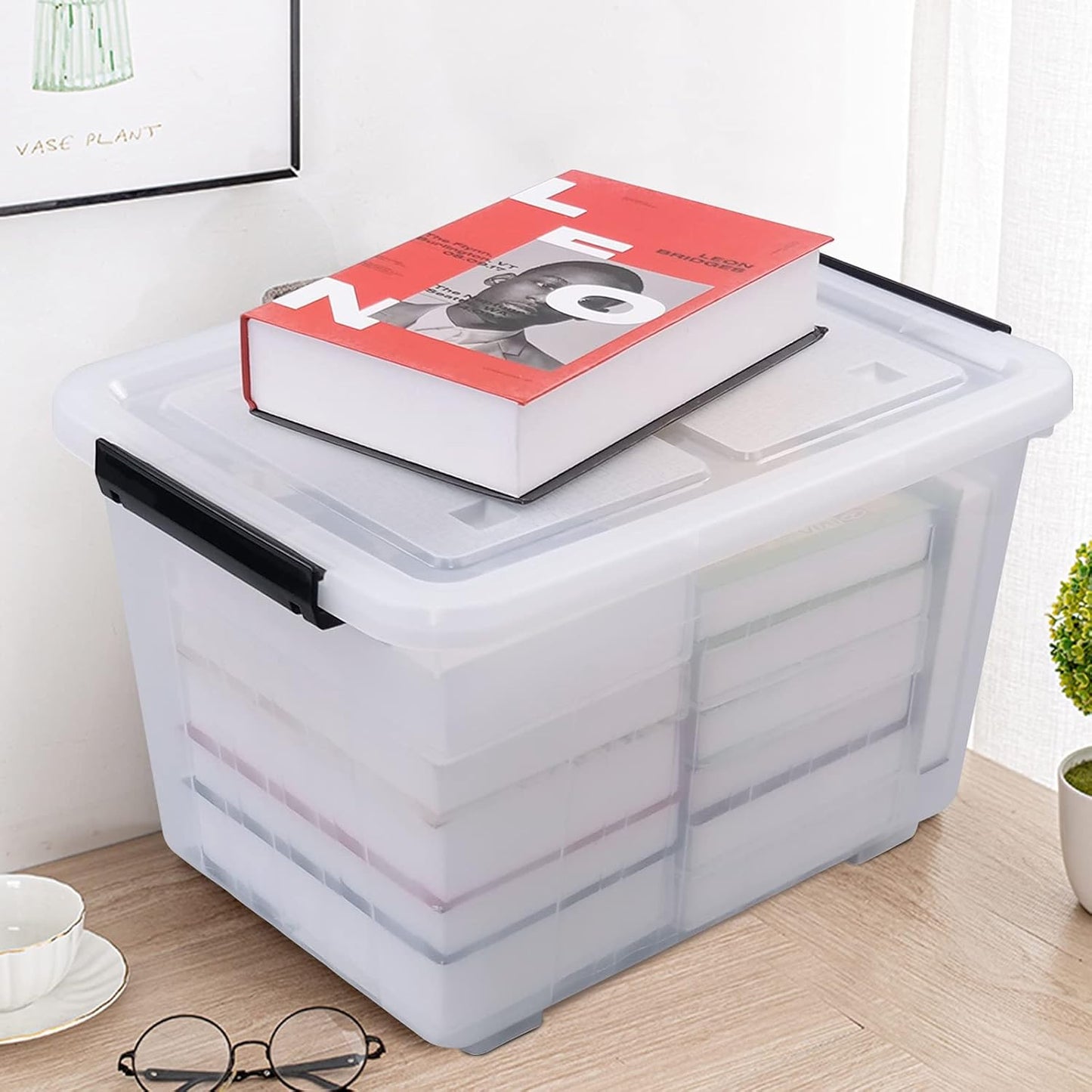 4 Packs 30 L Stackable Plastic Storage Bins with Lids and Wheels, Latching Clear Storage Container Box