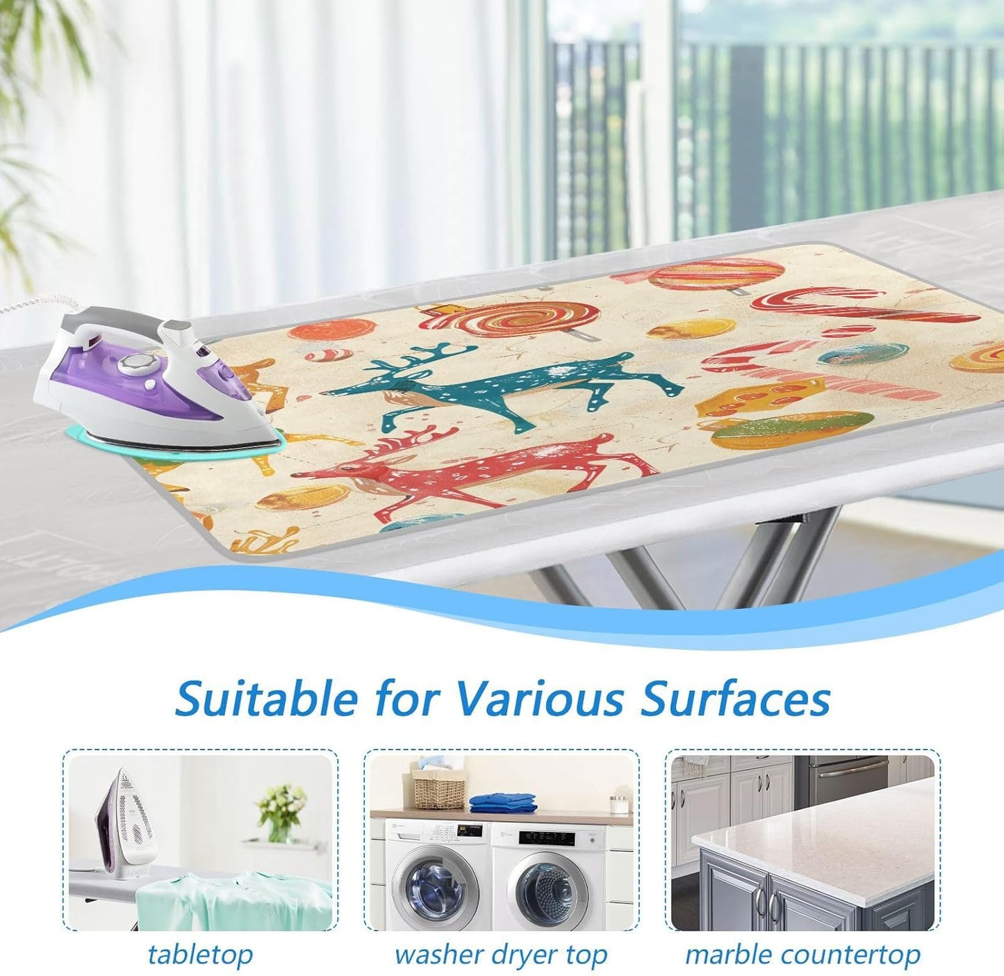 Red Deer Christmas Sweet Ironing Mat Thickened Ironing Blanket Travel Portable Double-Side Using Ironing Pad Travel Isolate Heat Pad Cover for Washer Dryer Table Top Countertop 27.6x47.2in