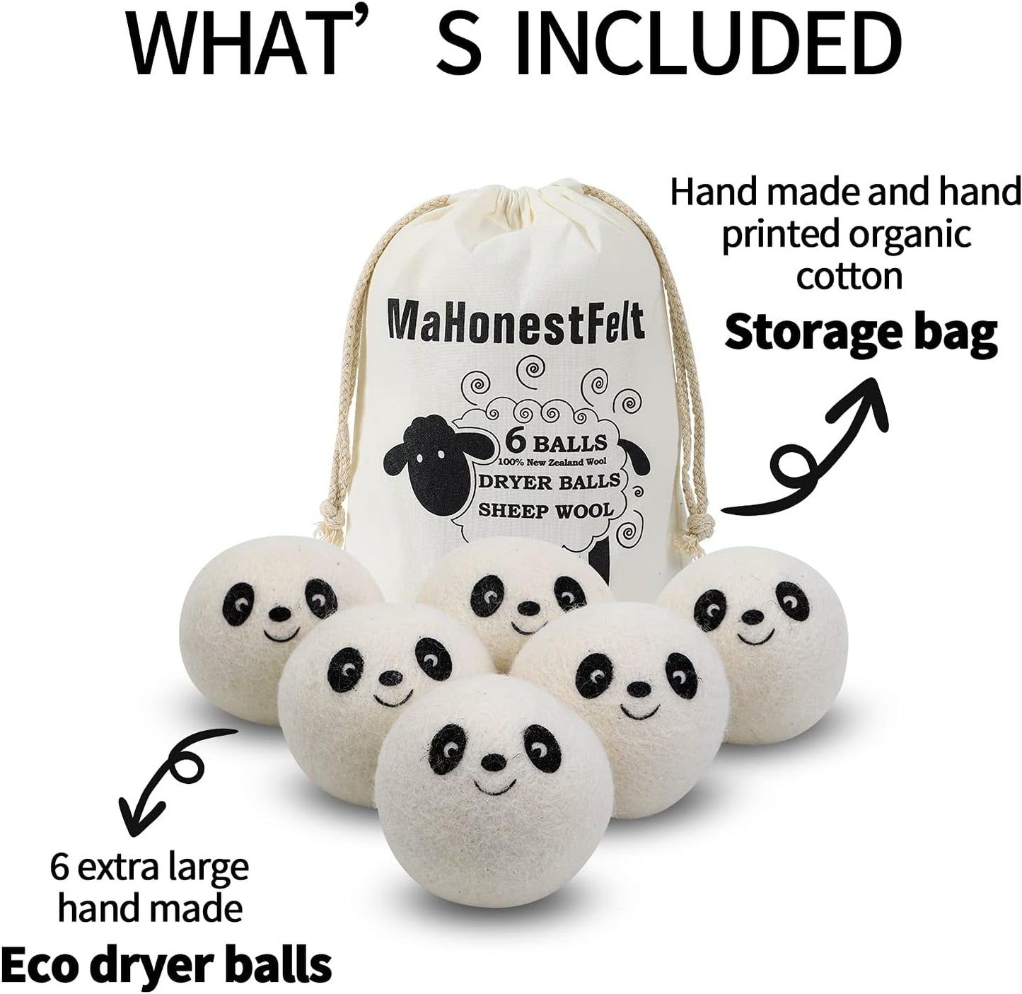 Wool Dryer Balls - Natural Fabric Softener, Reusable, Reduces Clothing Wrinkles and Saves Drying Time. Handmade Fair Trade No Lint Fabric Softener White (Pack of 6)