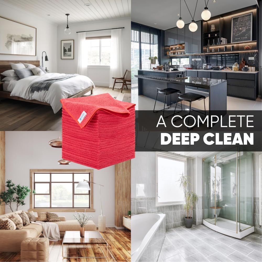 Microfiber Wholesale Bulk 16" x 16" All Purpose Towels Case Quantity (200 Count) | Large | No Fraying | High Density Microfiber | Zero Chemical Cleaner | Long-Lasting (Red)