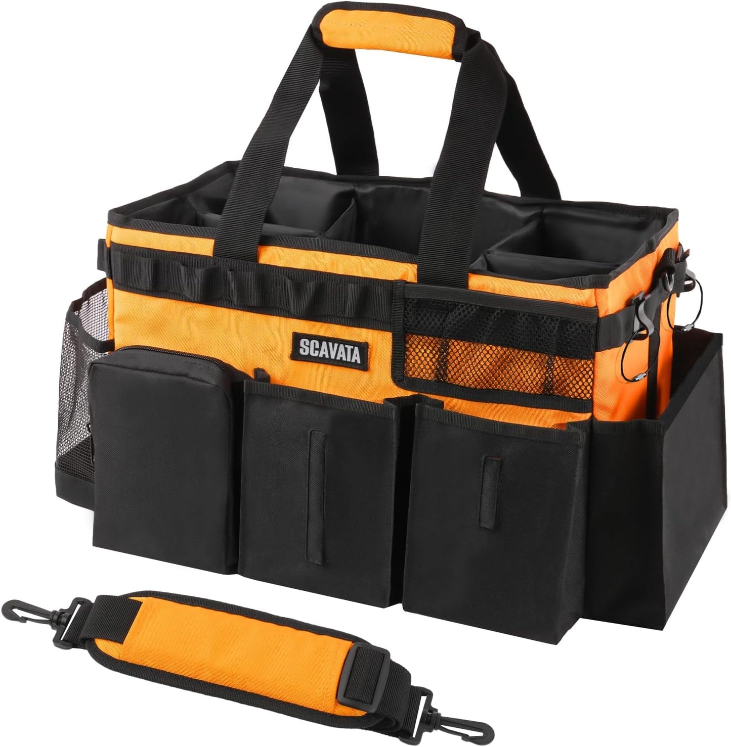 Wearable Cleaning Caddy Bag, Cleaning Caddy Supplies Organizer with Handle & Shoulder Straps for Housekeepers, Under Sink & Car Cleaning Tool Organizers with 4 Foldable Divider (Orange)