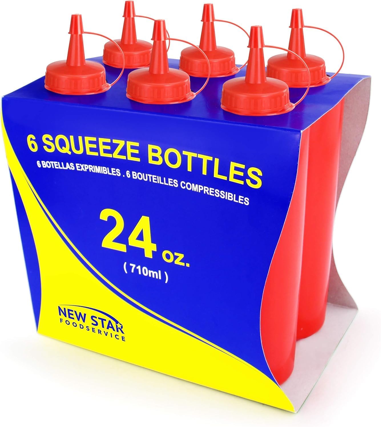 New Star Foodservice 26375 Squeeze Bottles, Plastic, 24 oz, Red, Pack of 6