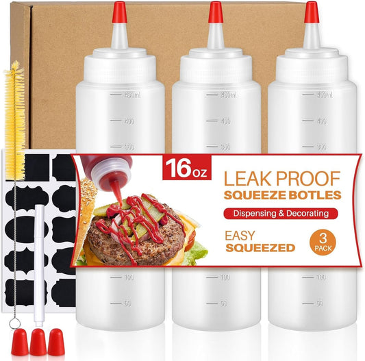Squeeze Bottles, 16oz Leak-Proof Wide Mouth Condiment Squeeze Bottles for Liquids Sauces Ketchup Oil, 3 Pack