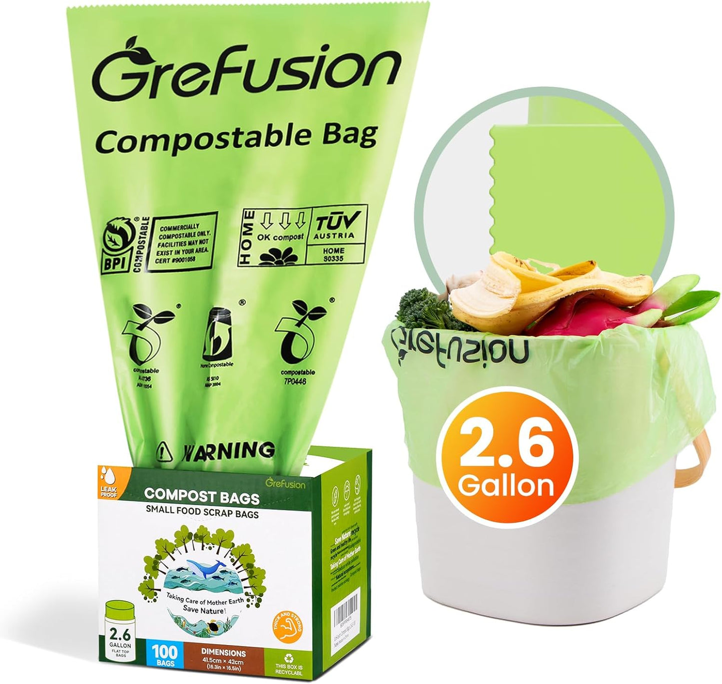 GreFusion 2.6 Gallon Compostable Trash Bags, 100 Count, Extra Thick 0.71 Mil, Certified by BPI and ASTM D6400, Perfect Fit for Small Trash Cans