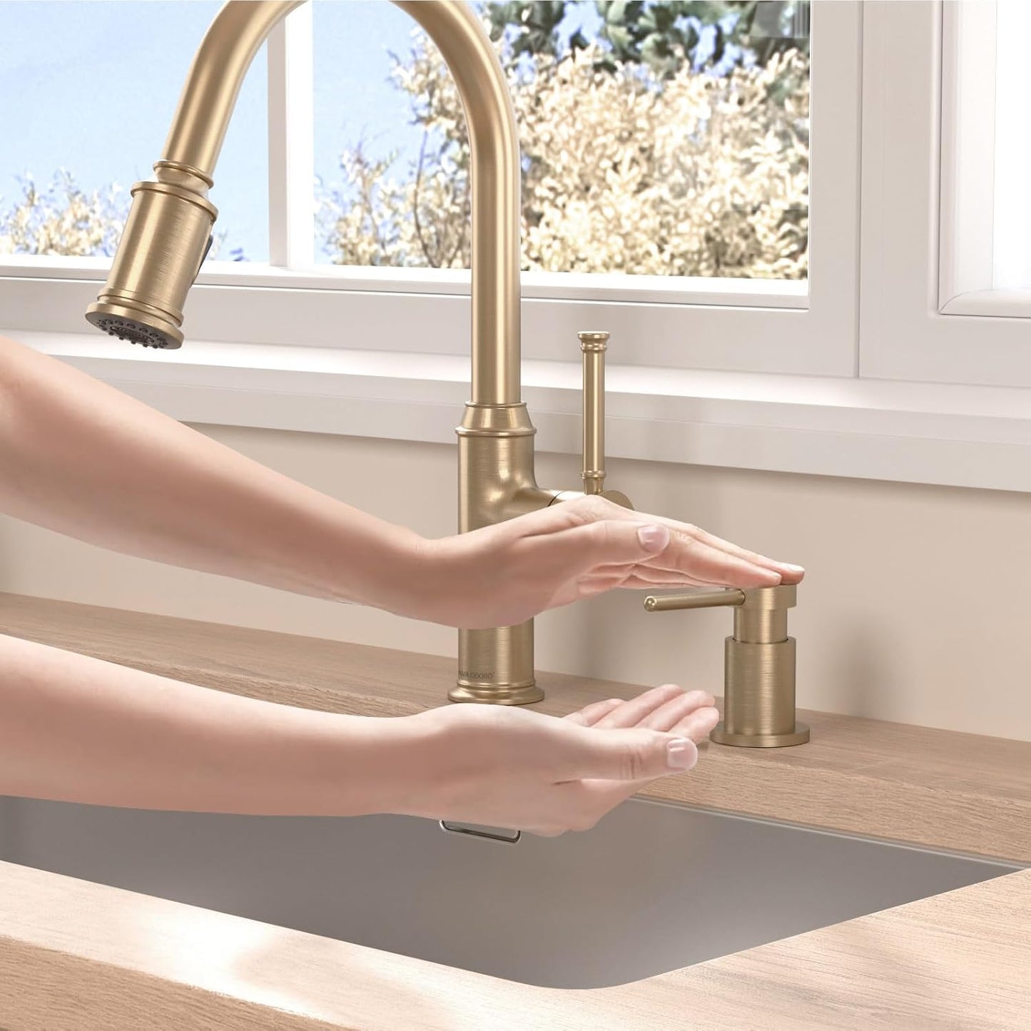 Lava Odoro Champagne Gold Soap Dispenser for Kitchen Sink, Modern Brass Built in Countertop Pump Dispenser with 18 Oz Refillable Bottle, Kitchen Soap Dispenser Spot-Free, Champagne Gold, KSD-21