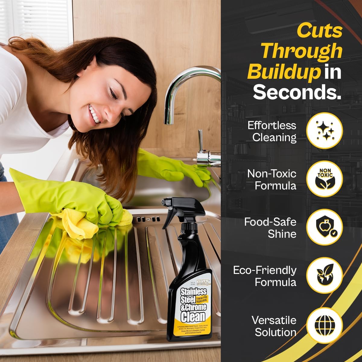 FLITZ Stainless Steel & Chrome Clean - 8oz Bottle, USA-Made Stainless Steel Cleaner Spray for Appliances - Grill, Fridge, Sink Stain Remover - Also Works on Aluminum Surfaces (1 Pack)