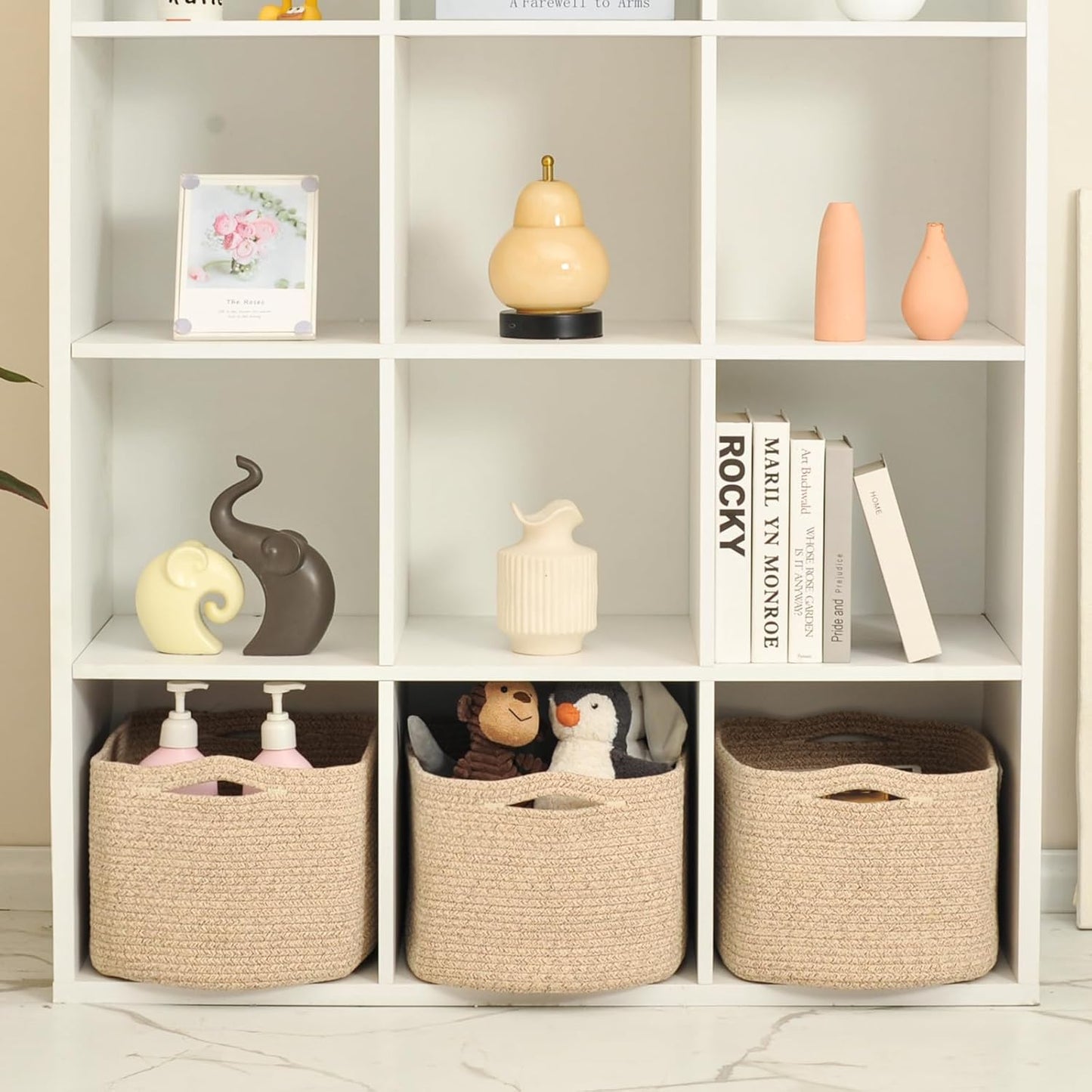 Large Storage Baskets for Organizing Shelves, Woven Cotton Rope Bins for Baby Nursery Organization, Book Toy Towel Organizer, 17"x13"x9.5", 3 Packs, Brown