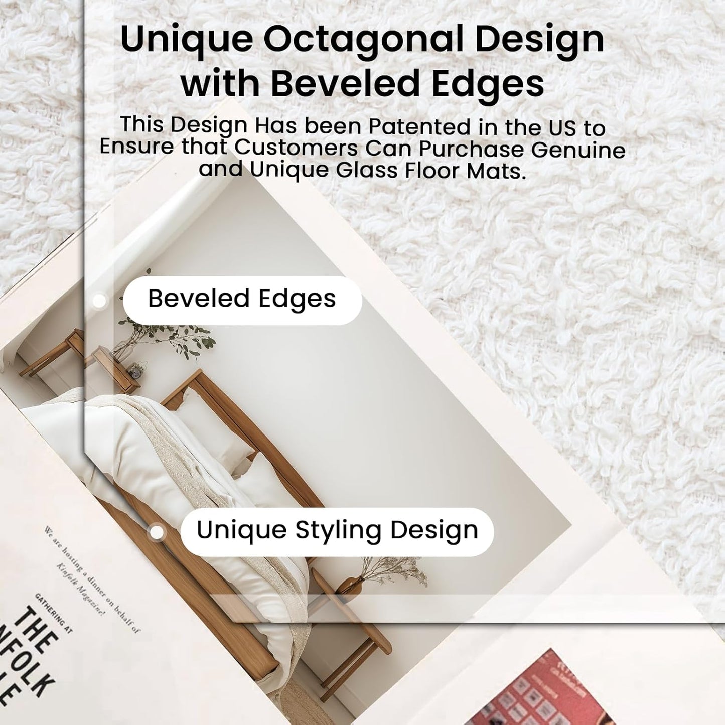 VSARHouse Beveled Edge Tempered Glass Office Chair Mat, 46"x36" Heavy Duty Glass Floor Mat for Carpet or Hard Floors, with Non-Slip Pads, Easy to Slide, Thick 1/5", Octagon, Patent No.30004842