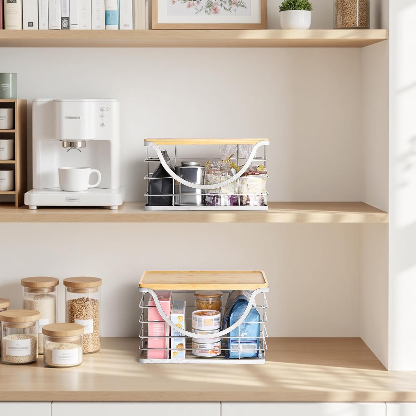 Extra Large Trash Bag Holder Stackable Kitchen Storage Slive, 2 Pack Wall Mounted Pantry Organizers and Storage with Bamboo Top, Garbage Bag Dispenser Under Sink for Laundry Room and Kitchen