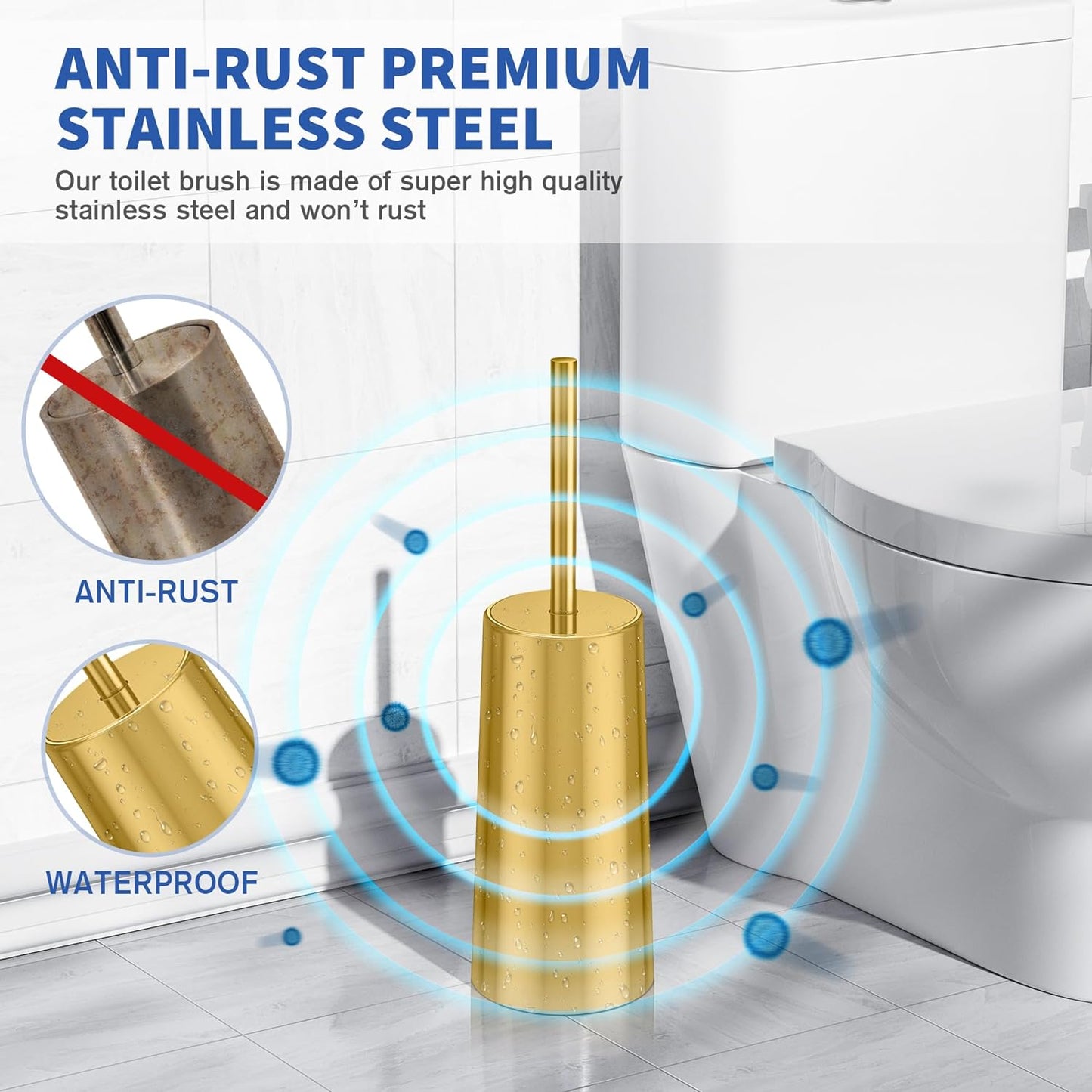 Toilet Brush and Holder, Toilet Brush Stainless Steel, Toilet Bowl Brush for Bathroom Toilet-Ergonomic, Elegant,Durable (Gold)