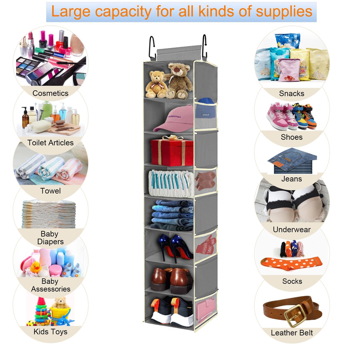 roomtalk Large-Sized Hanging Shoe Organizer 8-Shelf, Hanging Closet Organizer with 8 Side Pockets