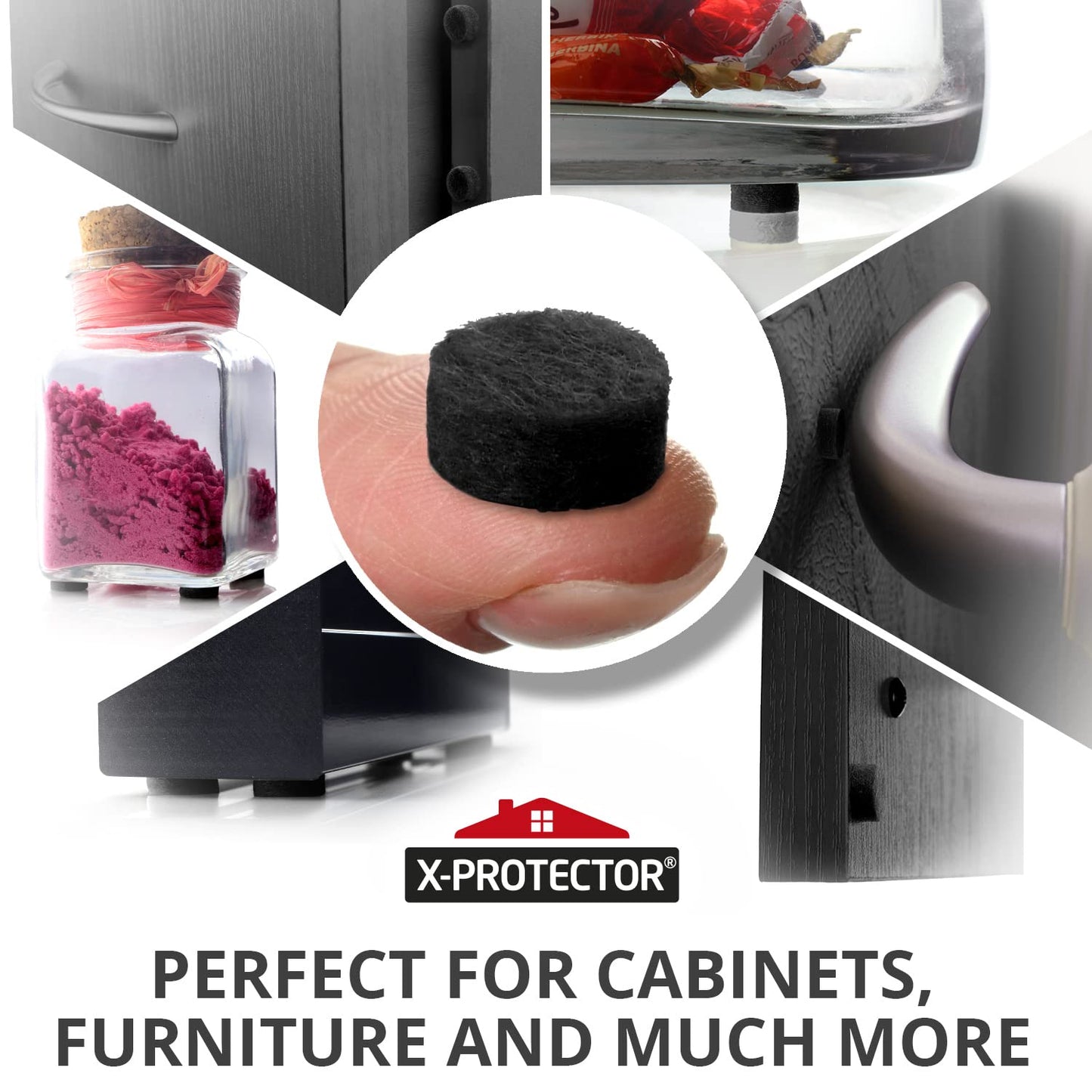 Cabinet Door Bumpers X-Protector 100 PCS – Small Felt Pads 3/8” – Ideal Black Felt Bumpers – Self-Adhesive Thick Felt Dots – Bumper Pads to Protect Glass & Other Surfaces!