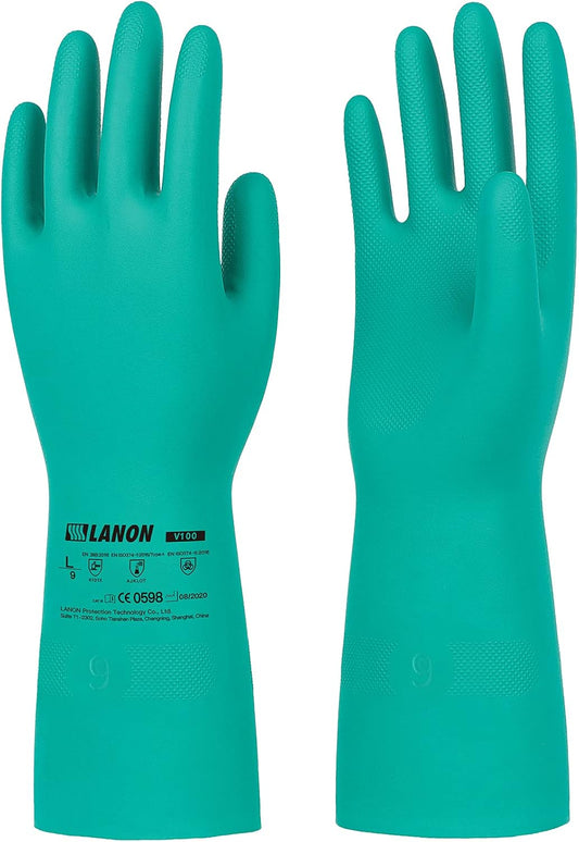 LANON 3 Pairs Nitrile Chemical Resistant Gloves, Reusable Heavy-Duty Rubber Gloves, Acid, Alkali &