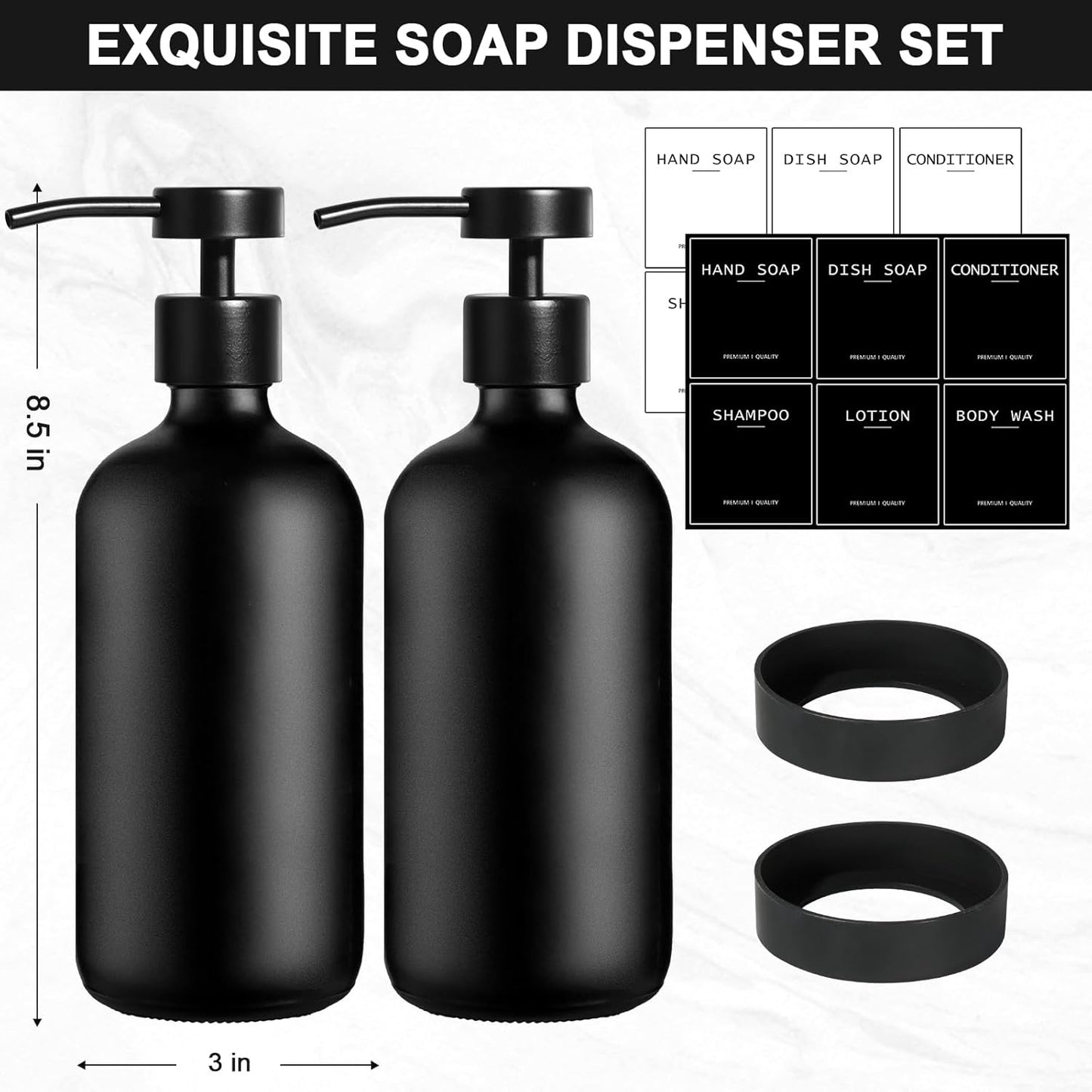 Black Glass Soap Dispenser with Stainless Steel Pump, 16.9 Fl oz Soap Dispenser Set for Kitchen, Matte Black Hand Dish Soap Dispensers for Kitchen and Bathroom, Lotion Dispenser Bathroom Decor