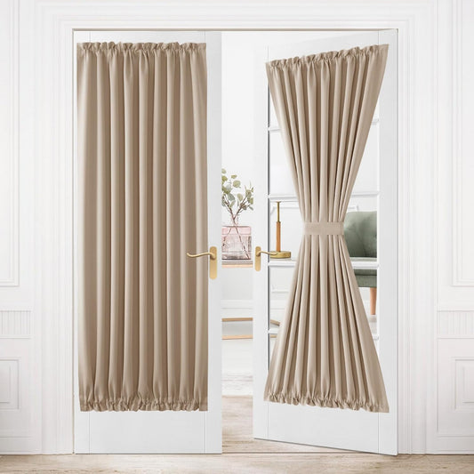 DWCN French Door Curtains – Rod Pocket Thermal Blackout Curtain for Doors with Glass Window, Kitchen and Patio Doors for Privacy, 54 X 80 Inches Long, 1 Curtain Panel with Tieback, Beige