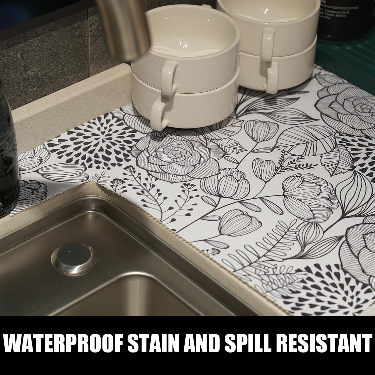 Floral Drawer and Shelf Liner for Kitchen 12IN x 20FT, Non-Adhesive and Strong Non-Slip Cabinet Drawer Liners, Waterproof Thickened Shelf Liner,Easy to Clean,Black and White