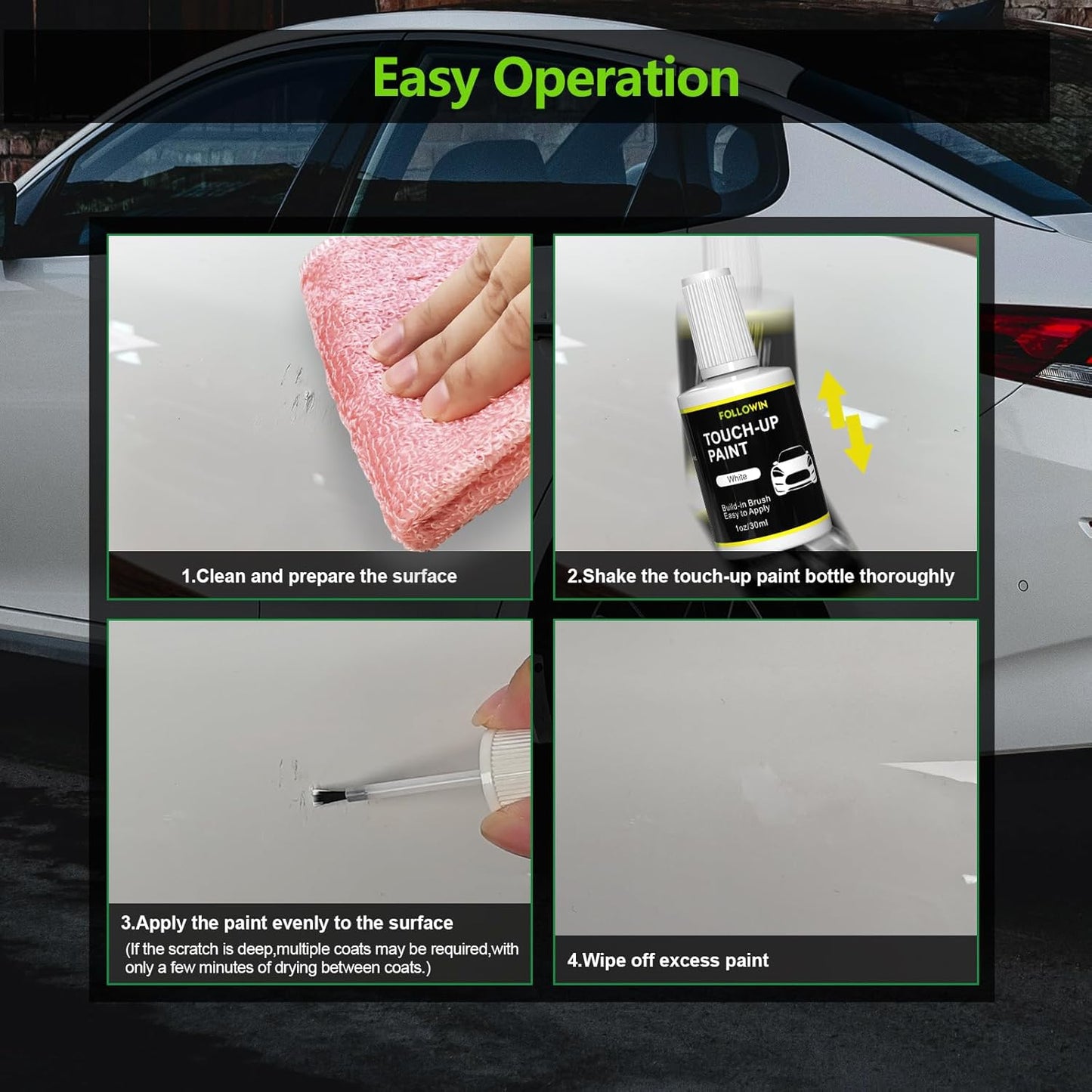 FOLLOWIN White Touch Up Paint for Cars, Car Paint Scratch Repair,Built-in Brush Auto Paints 1OZ(30ml)