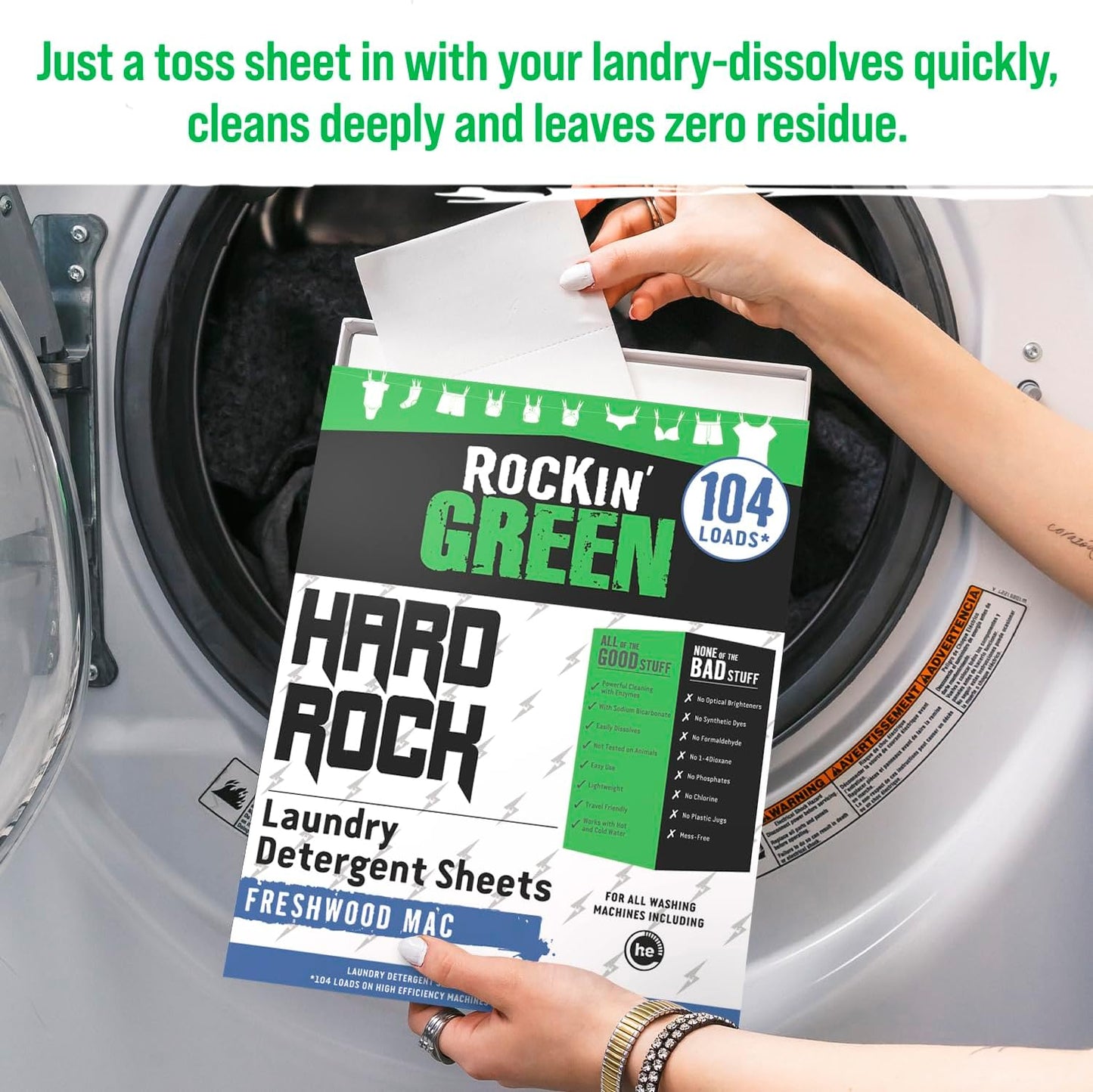 Rockin' Green Hard Rock Travel Laundry Detergent Sheets for Hard Water - Mess-Free Laundry Sheet Detergent with Sodium Bicarbonate - Easily Dissolvable Laundry Soap Sheets (104 Loads, Freshwood Mac)