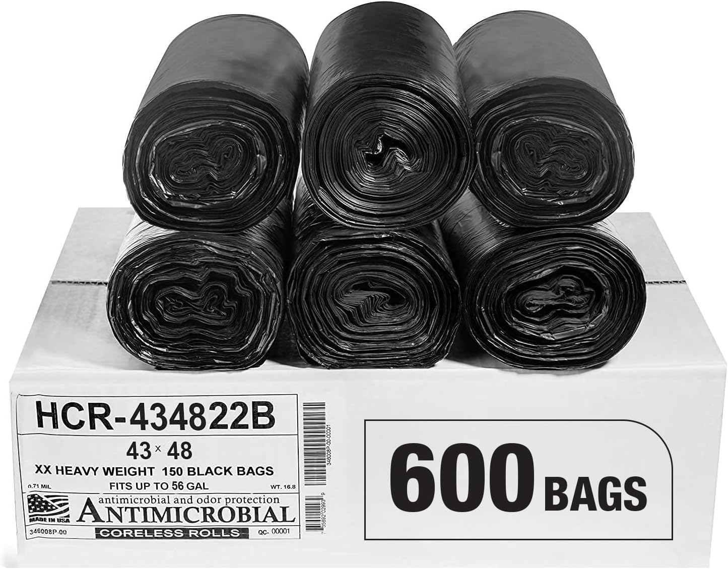 Aluf Plastics High Density Trash Bags, 56 Gallon, 600 Count, 22 Micron (eq), 43" x 48", Black, for Bathroom, Office, Industrial, Commercial, Janitorial, Municipal, Recycling