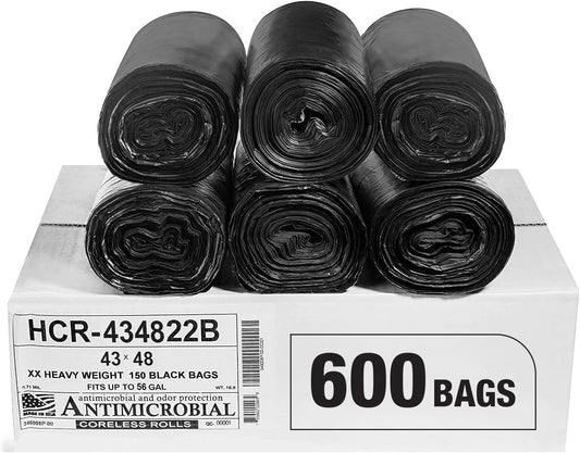 Aluf Plastics High Density Trash Bags, 56 Gallon, 600 Count, 22 Micron (eq), 43" x 48", Black, for Bathroom, Office, Industrial, Commercial, Janitorial, Municipal, Recycling