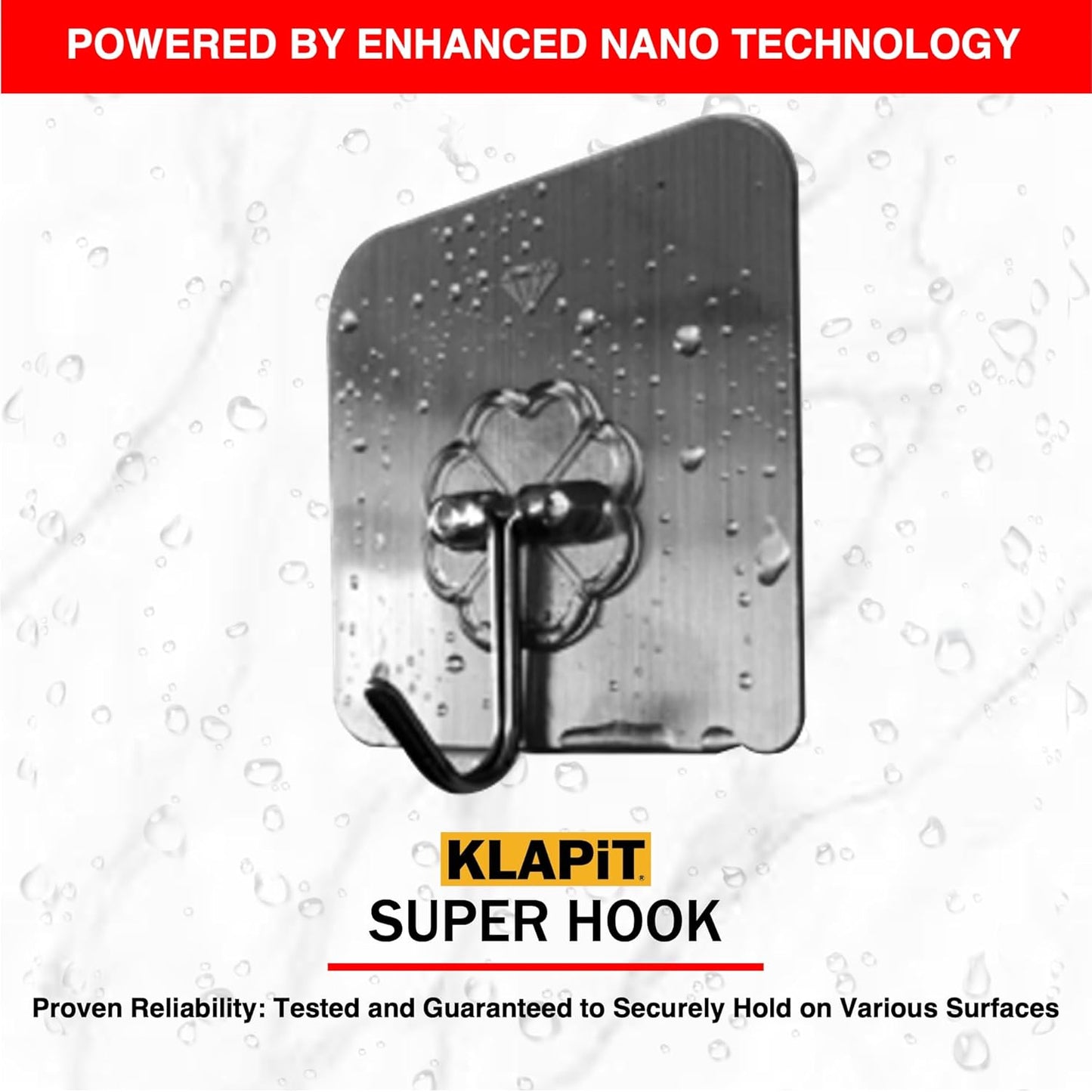 KLAPiT Super Hook - Heavy-Duty Adhesive Wall Hooks, Holds Up to 11 lbs, Waterproof, No Damage, Easy Install on Tile, Wood, Stone, Glass & Metal - Made of Steel (Silver, 4pc)