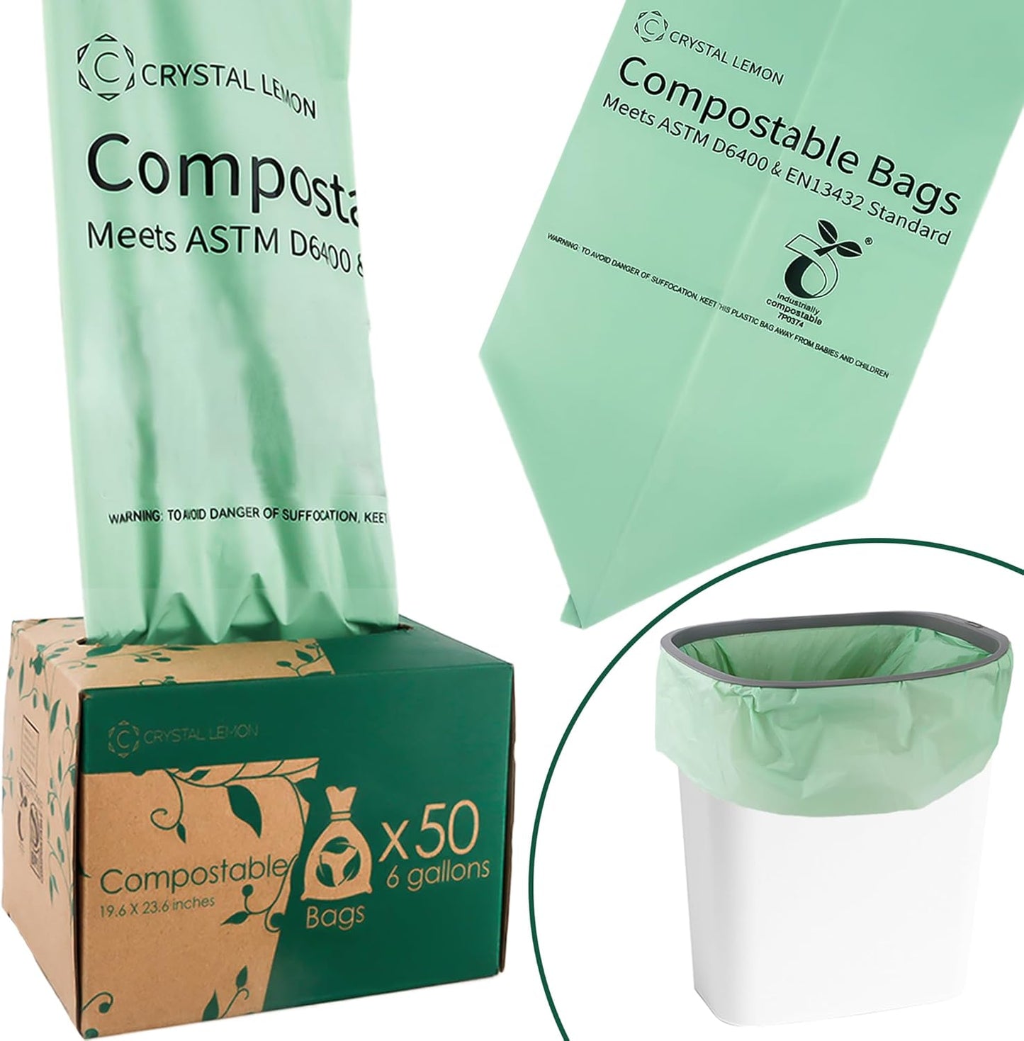 C Crystal Lemon 50 Count Biodegradable Kitchen Food Waste Bags - 6 Gallon Scraps Bags - Heavy Duty Compostable Waste Bags for Kitchen - Unscented Trash Bags 6 Gallon for Yard, Food