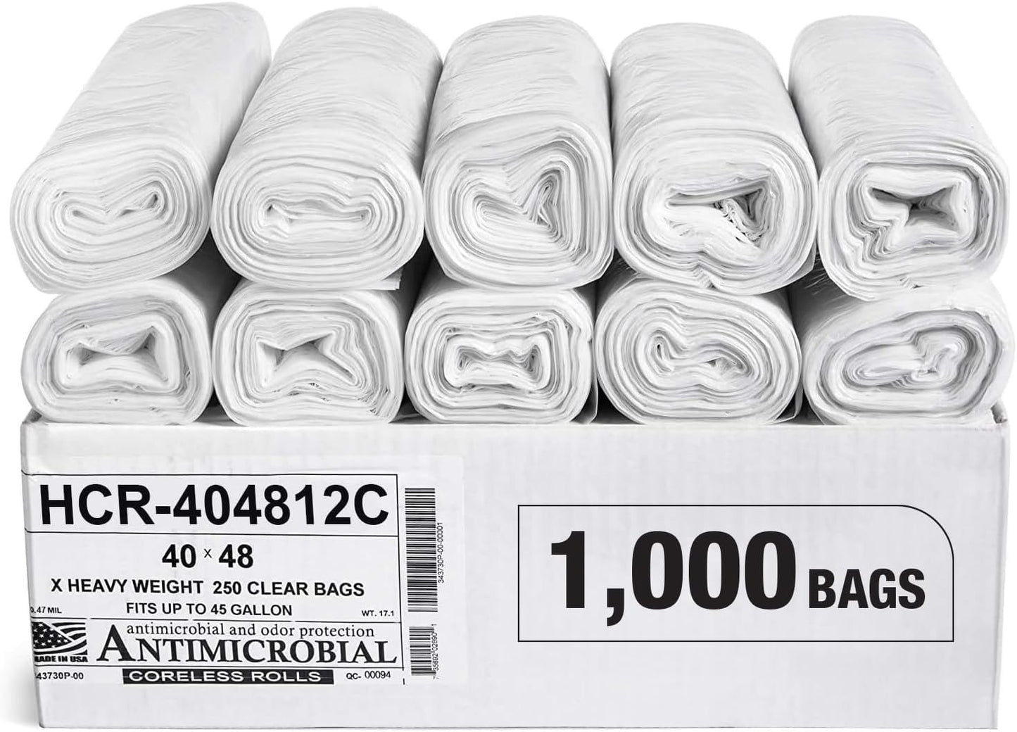 Aluf Plastics High Density Trash Bags, 45 Gallon, 1000 Count, 12 Micron (eq), 40" x 48", Clear, for Bathroom, Office, Industrial, Commercial, Janitorial, Municipal, Recycling