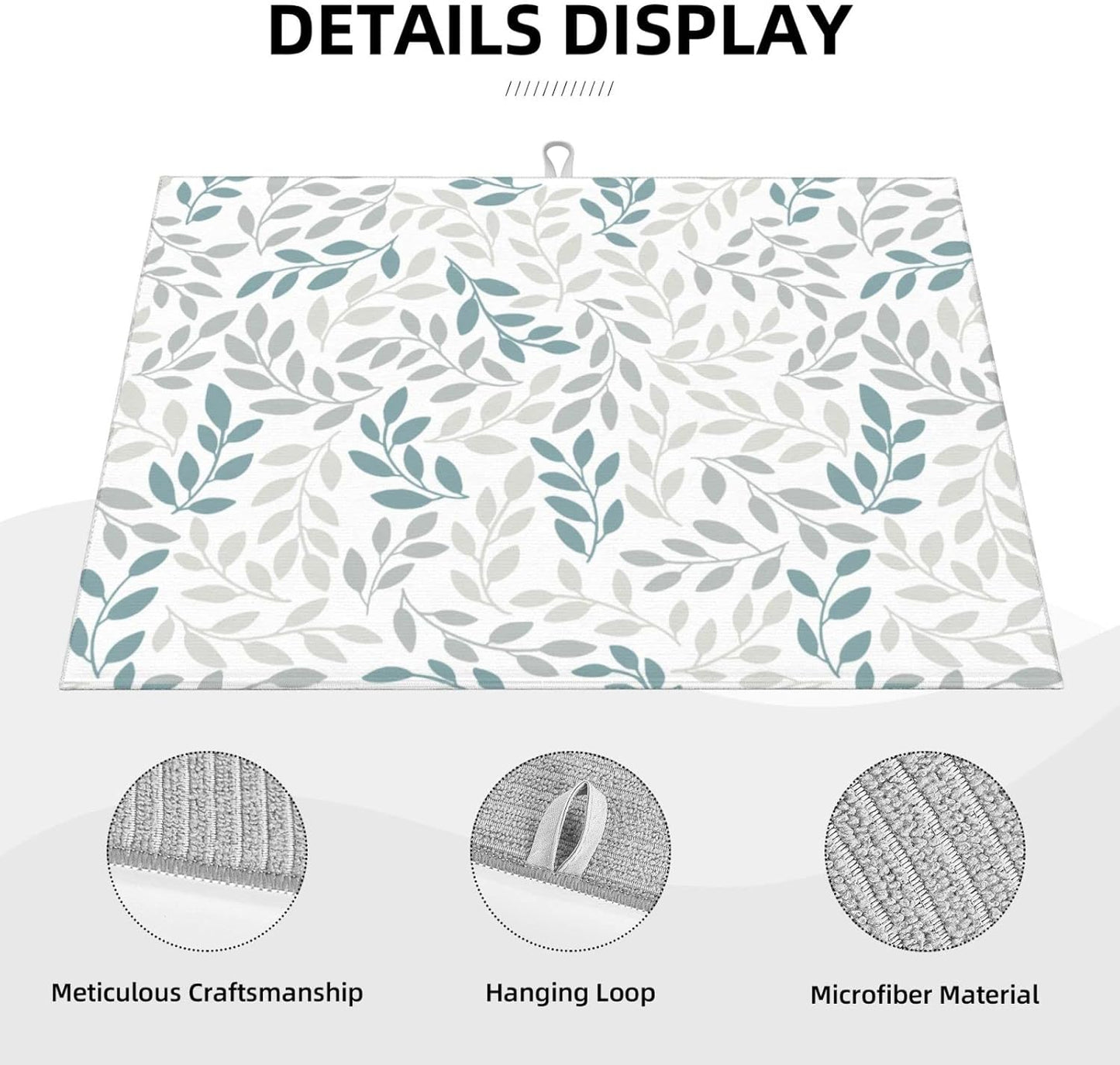 Grey And Blue Leaves Branches Microfiber Absorbent Reversible Dish Drying Mat For Kitchen Counter Xl Large Pad 18 X 24 Inch