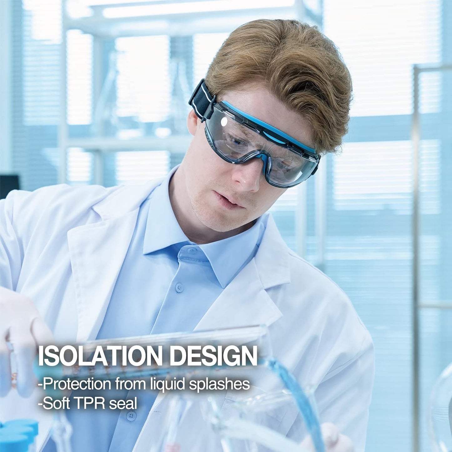 DEX FIT Protective Safety Goggles SG220; Anti Fog & Scratch, Z87 Eye Protection for Lab, Science, and Chemistry Work, Adjustable for Women and Men, (Black & Orange Frame, Clear Lens, 30cm Strap)