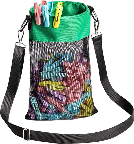Mesh Clothespin Bag with Hooks Hanging Clothes Pin Bag with Drawstring Closure Clothespin Holder, Ventilation and Moisture Resistance, Storage Organizer, Machine Washable （Green）