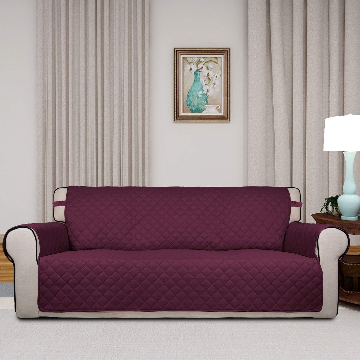 PureFit Reversible Quilted Sofa Cover, Water Resistant Slipcover Furniture Protector, Washable Couch Cover with Non Slip and Elastic Straps for Kids, Dogs, Pets (Oversized Sofa, Wine/Beige)